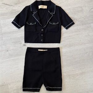Aya Muse Black Knit Cropped Jacket & Skirt Set with White Piping